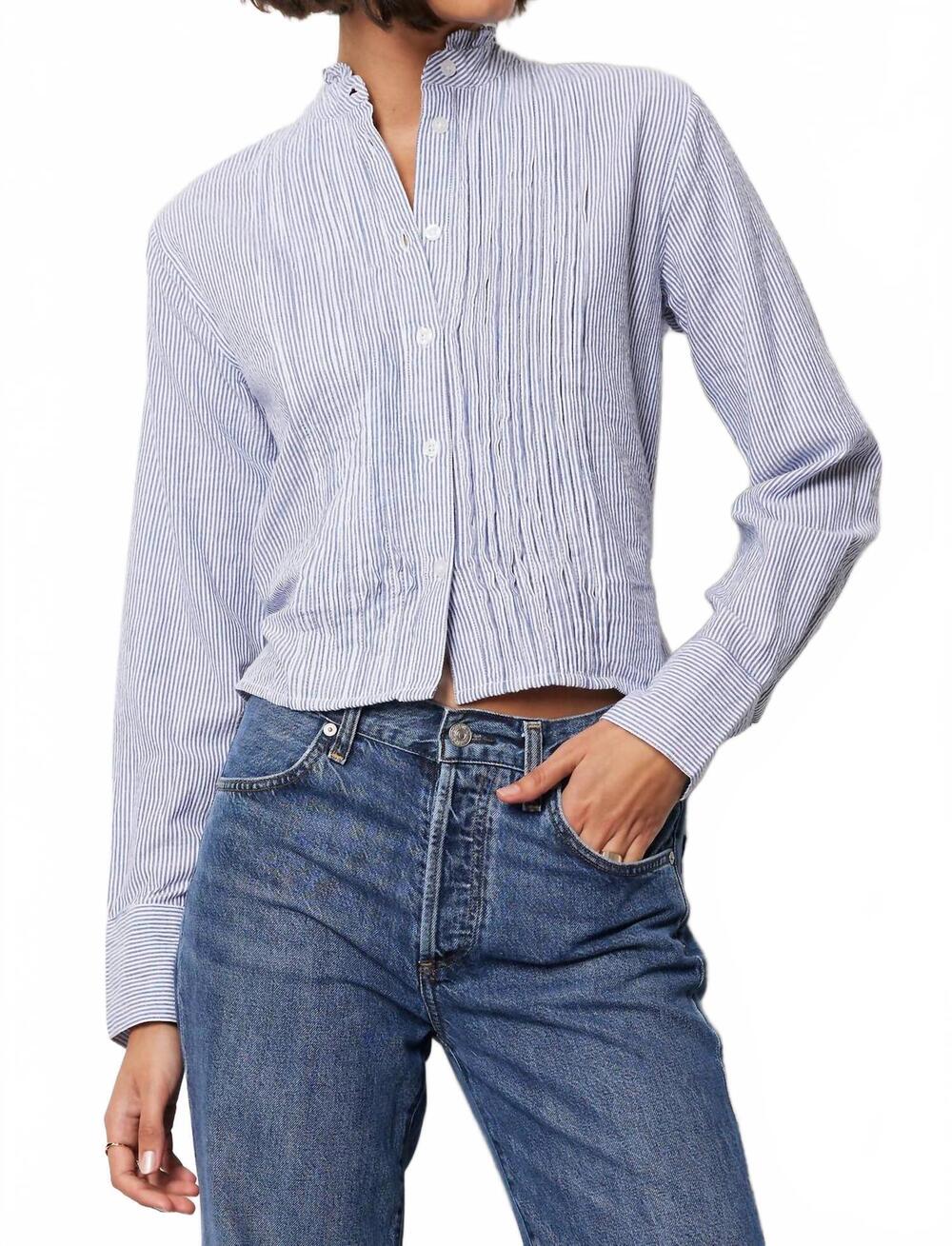 NEW BOBI women's pintuck long sleeve top in blue stripe
